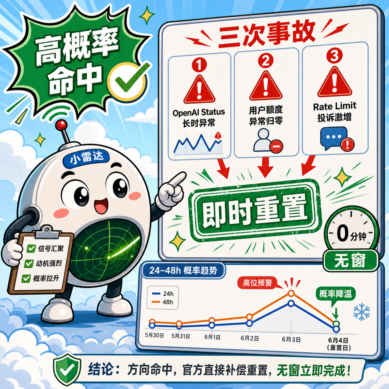 当前无官方开启窗口。Tibo 已在 2026-06-04 08:25:58 +08:00 为过去 24 小时三次 Codex 可靠性小事故完成一次全付费计划限额重置，因此这批事故属于已补偿、已消耗证据。现在仍处于补偿后 24 小时冷却期。新增信号里有少量用户继续抱怨限额消耗、插件消失、聊天历史丢失和 entitlement 问题，但都是零散个案，未形成新的长时间跨 Codex、ChatGPT、Responses API 的未补偿事故，也没有新的 Tibo/Sam/OpenAI 重置暗示。Tibo 的“vectors”推文更像未来几周产品方向预热，而不是 reset 预告。综合判断维持低概率，但因有少量 post-reset 限额异常反馈，48 小时略高于纯基线。